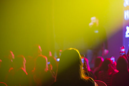 Vibrant concert scene with audience enjoying music, colorful lights, and performers on stage.