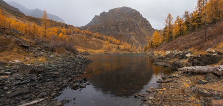 Autumn mountain landscape with golden trees and calm lake reflecting the scenery. Perfect for nature lovers.の写真素材