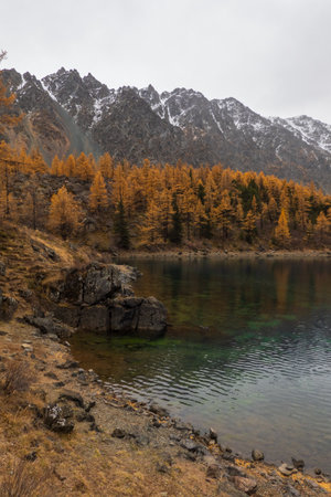 Fascinating view of a mountain lake surrounded by yellow autumn trees and rocky peaksの写真素材