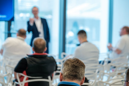 Professional speaker addressing attendees during corporate event in modern venue with natural lightingの写真素材