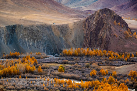 Golden autumn valley with orange trees rugged cliff winding river distant hills lone vehicle on ridge Vast landscape evokes solitude travel seasonal changeの写真素材