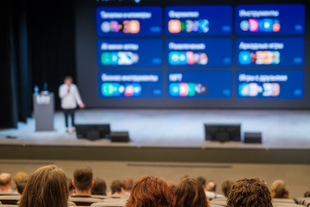 Audience listens to presenter during conference in large auditorium with blue screensの写真素材