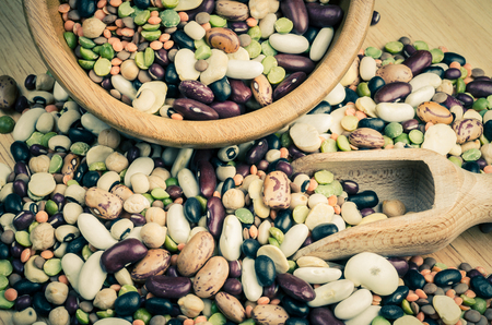 legumes on wood, closeup, background, vintage style