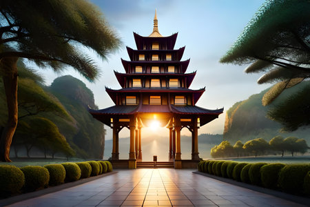 Japanese pagoda with golden light inside generative AI. Abstract background. Surreal art.の素材