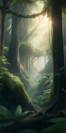 Deep in the dense forest generative AI. Dense jungle that no one is present.の素材