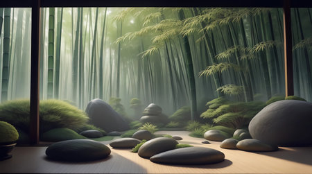 Beautiful zen rock garden with dense bamboo forest generative AIの素材