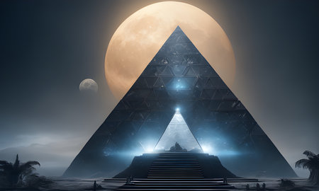 Mysterious pyramid in full moon night generative AIの素材