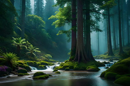 Waterways in dense forest generative AIの素材