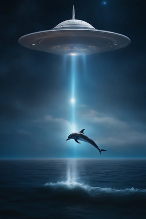 Surreal art featuring a dolphin being sucked by an alien spaceship generative AIの素材