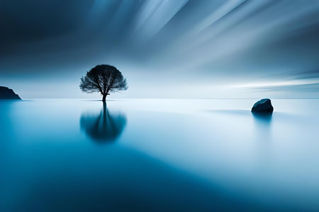 A silhouette tree on the water and its reflection generative AIの素材