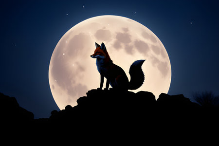 Silhouette fox in full moon night generative AI artの素材