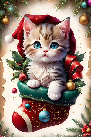 Little cute cat in Christmas stocking generative AIの素材