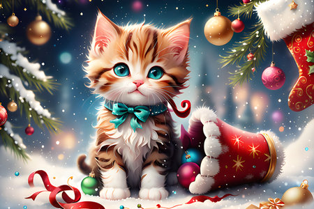 Little cute Christmas Cat generative AIの素材
