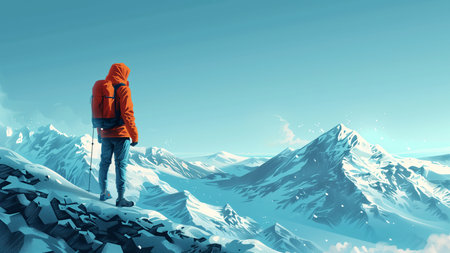 A man standing on top of a snowy mountain, AI-generated item.の素材