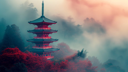 An elegant Japanese pagoda surrounded by foggy forest, AI-generated item.の素材