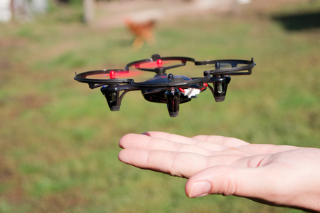 Playing the small quadrocopterrel in the yard.の写真素材