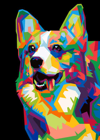 colorful Welsh Corgi dog head with cool isolated pop art style backround. WPAP style