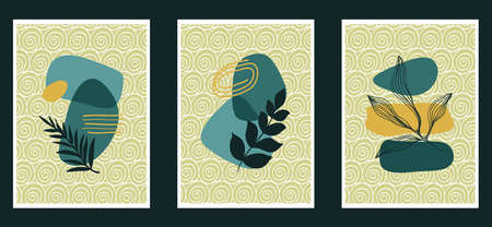 Collection of contemporary art posters in pastel colors. Abstract paper cut geometric elements and strokes, leaves and dots. Great design for social media, postcards, print.のイラスト素材
