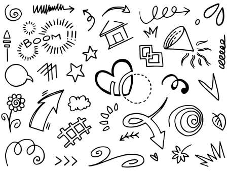 Abstract arrows, ribbons, hearts, stars, crowns and other elements in a hand drawn style for concept designs. Scribble illustration. Vector illustration.のイラスト素材