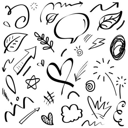 Hand drawn set elements, Abstract arrows, ribbons, hearts, stars, crowns and other elements in a hand drawn style for concept designs. Scribble illustration. Vector illustration.のイラスト素材