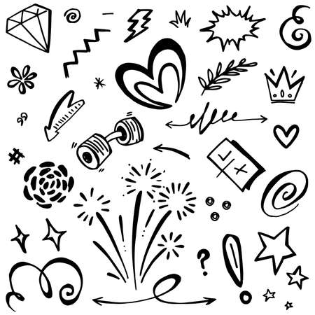 Hand drawn set elements, Abstract arrows, ribbons, hearts, stars, crowns, barbell and other elements in a hand drawn style for a concept design. Scribble illustration. Vector illustration.のイラスト素材