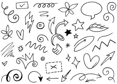 Hand drawn set elements, Abstract arrows, ribbon, heart, star leaf, crown and other elements in hand drawn style for concept design. Scribble illustration. Vector illustration.のイラスト素材