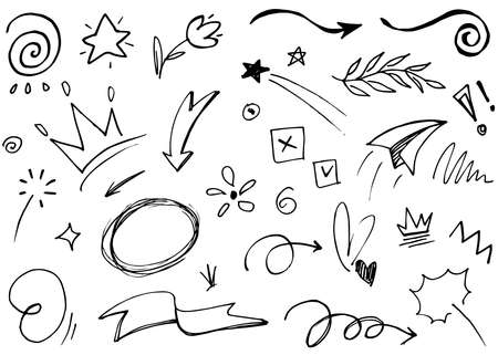 Hand drawn set elements, Abstract arrows, ribbon, heart, star leaf, crown and other elements in hand drawn style for concept design. Scribble illustration. Vector illustration.のイラスト素材
