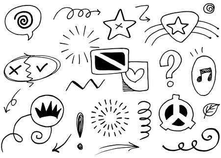 Hand drawn set elements, Abstract arrows, ribbons, hearts, stars, crowns and other elements in a hand drawn style for concept designs. Scribble illustration. Vector illustration.のイラスト素材
