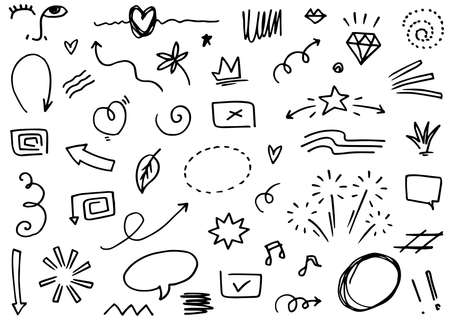 Hand drawn set elements, Abstract arrows, ribbon, heart, star leaf, crown and other elements in hand drawn style for concept design. Scribble illustration. Vector illustration.のイラスト素材