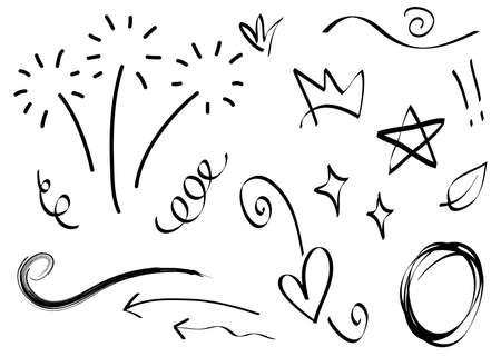 Hand drawn set elements, Abstract arrows, ribbon, heart, star leaf, crown and other elements in hand drawn style for concept design. Scribble illustration. Vector illustration.のイラスト素材