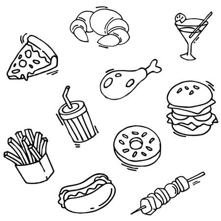 Fast Food Doodle Icons. Hand Made Line Art. Menu Restaurant. Famous Food. Logotype Symbol Design. vector illustrationのイラスト素材