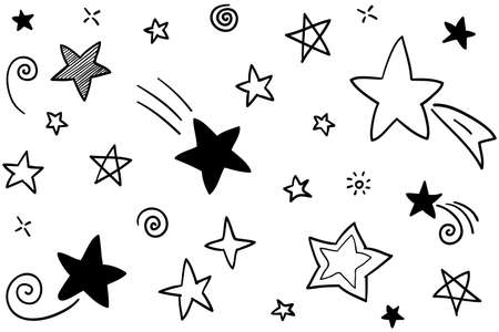Set of black hand drawn doodle stars in isolated on white background.のイラスト素材