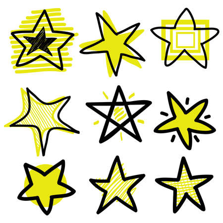 Set of black hand drawn doodle stars in isolated on white background.