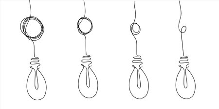 Vector light bulb icons with concept of idea. Original sign of co-creativity. Doodle hand drawn sign. Black and white original illustration for print, webのイラスト素材