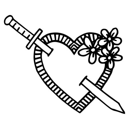 Doodle Hearts, a hand drawn collection of sword stabbed love hearts. Vector illustration.のイラスト素材