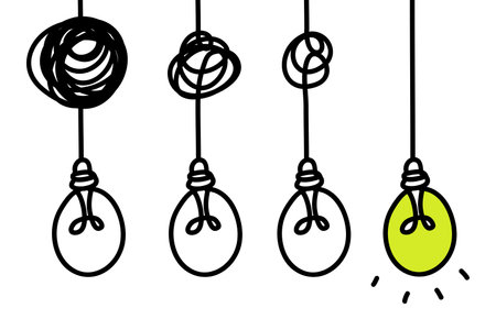 Vector light bulb icons with concept of idea. Original sign of co-creativity. Doodle hand drawn sign. Black and white original illustration for print, webのイラスト素材