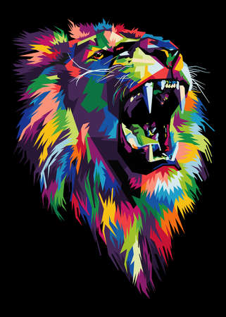 colorful lion head on pop art style isolated with black backroundのイラスト素材