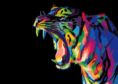 colorful tiger head on pop art style isolated with black backround