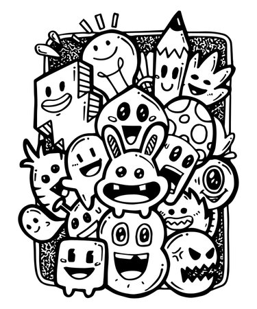 Hand drawn illustration, doodle monster, Hand drawn cartoon monster illustration, Cartoon crowd doodle hand drawn pattern, Doodle style. vector illustrationのイラスト素材