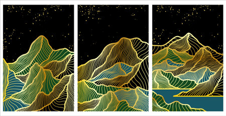 Gold mountain wallpaper design with landscape art, luxury gold background design for cover, black background, packaging design, wall art, fabric and print. Vector illustration.のイラスト素材