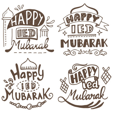 collection set Happy Ied Mubarak hand letter typography Greetingのイラスト素材