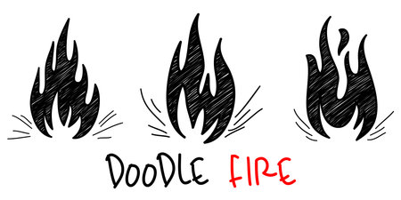 Hand drawn fire icons. Fire Flames Icons Vector. Hand Drawn Doodle Sketch Fire, Black and White Drawing. Simple fire symbol.のイラスト素材