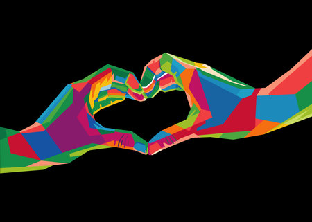 colorful love symbol hands in pop art style isolated on black backgroundのイラスト素材