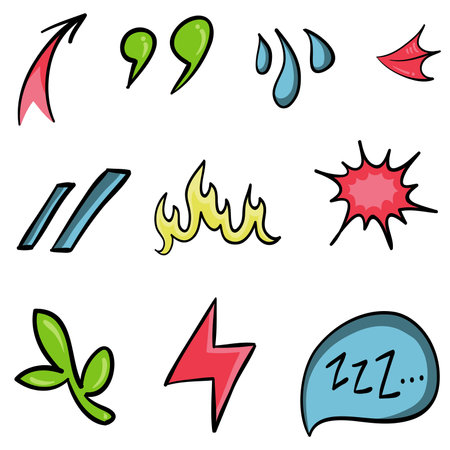 Vector set of hand-drawn cartoony expression sign doodle, curve directional arrows, emoticon effects design elements, cartoon character emotion symbols, cute decorative brush stroke lines.のイラスト素材