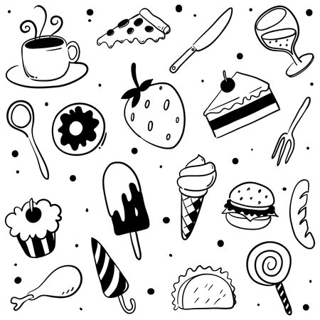 Fast Food Doodle Icons Hand Made Vector Line Art Sketchのイラスト素材