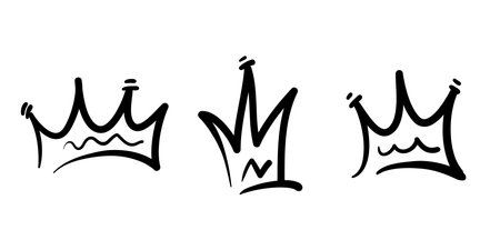 Doodle crowns. Line art king or queen crown sketch, fellow crowned heads tiara, beautiful diadem and luxurious decals vector illustration set. Royal head accessories linear collectionのイラスト素材