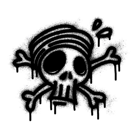 Slash Graffiti Spray Paint Pirate skull icon isolated on white background. over-sprayed graffiti skull symbol in black on white.のイラスト素材