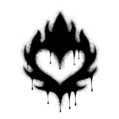 Spray Painted Graffiti Fiery heart sign Sprayed isolated on white background. graffiti love symbol with overspray in black on white.のイラスト素材