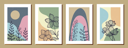 Creative minimalist hand draw Abstract art background. Modern aesthetic illustrations. Bohemian style Collection of contemporary artistic Design for wall decoration, postcard, poster, brochureのイラスト素材