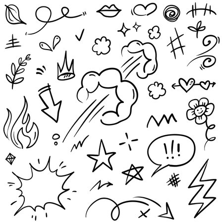Doodle set of hand-drawn cartoony expression sign doodle, curve directional arrows, emoticon effects design elements, cartoon character emotion symbols, cute decorative brush stroke lines.のイラスト素材